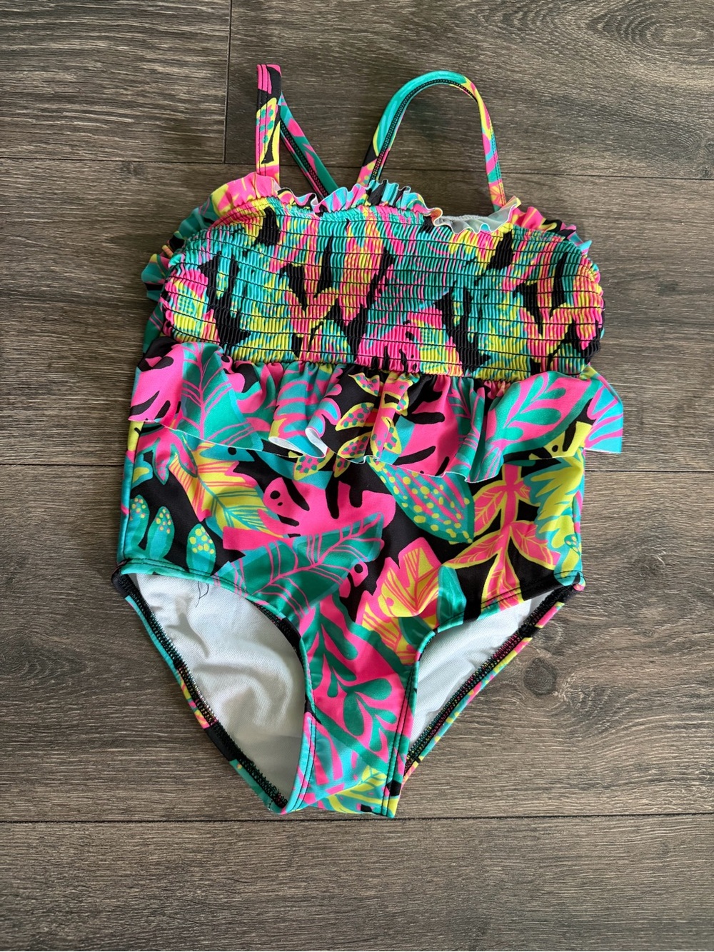Sz 5t Girls' Tropical Print Ruffle One-Piece Swimsuit - Multicolor